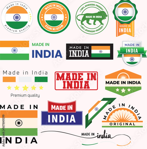 Vector collection of made in India stamps, stickers and certification tags.