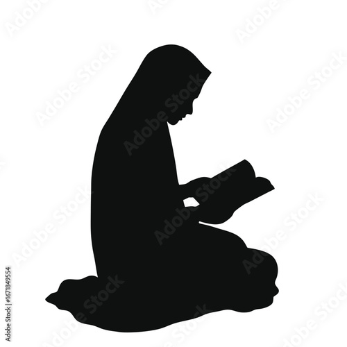 Silhouette of a woman in hijab reading a book vector 2