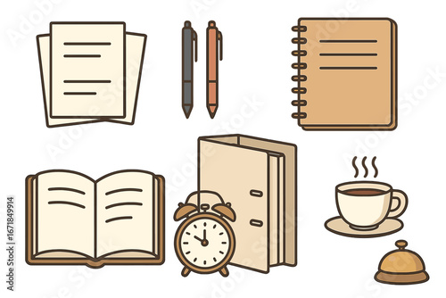 Office supplies icon set. Business stationery for productivity. Workspace essentials. Document, pen, notebook, binder, book, alarm clock, coffee cup, reception bell.