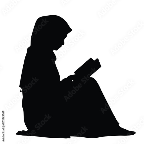 Silhouette of girl wearing hijab reading a book vector