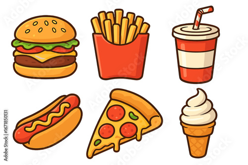 Set of colorful cartoon fast food icons. Includes burger, pizza, hot dog, french fries, soda drink and ice cream. Vector clip art illustration for menu design or junk food concept.