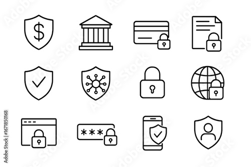 Finance security line icon set. Banking, payment protection outline icons. Data privacy, password, secure transaction, mobile banking, user authentication vector symbols.