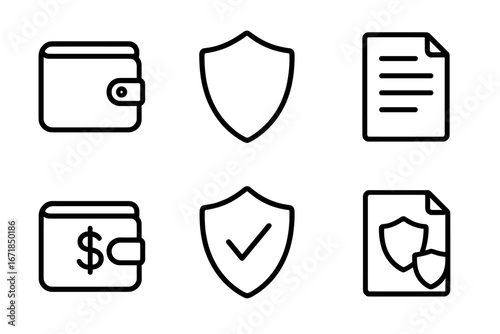Finance and security outline icon set. Wallet, shield, document collection. Financial protection, data privacy, secure payment, money safety, insurance policy, contract concept.