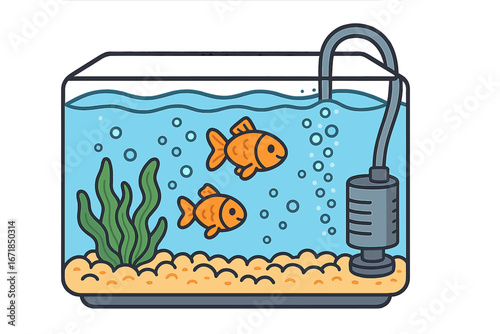 Vector cartoon of goldfish in a fish tank. Aquarium with filter, bubbles, and plants. Illustrates aquatic life, pet care, and a simple home habitat. Clean fishbowl design.