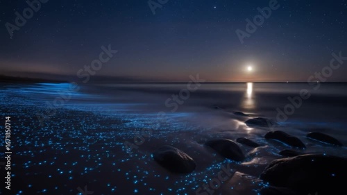 Bioluminescent Beach, Night Sky, Moonlit Waves, Glowing Ocean, Starry Night, Dark Shore, Blue Light,