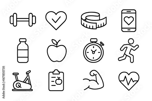 Health and fitness linear icon set. Workout, wellness, tracking outline icons collection. Healthy lifestyle, sport, gym, diet, nutrition, cardio, and strength vector symbols.