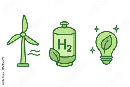 Green energy icon set. Wind turbine for wind power, H2 hydrogen fuel tank, and leaf lightbulb for sustainable electricity. Renewable energy technology vector illustration.