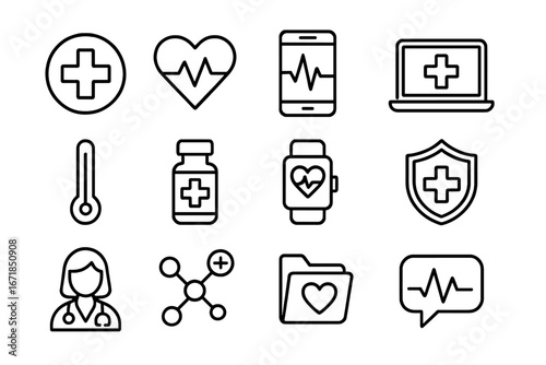 Healthcare and technology line icon set. Medical and digital health symbols. Telemedicine, online consultation, E-health, medical records, and health insurance concepts.