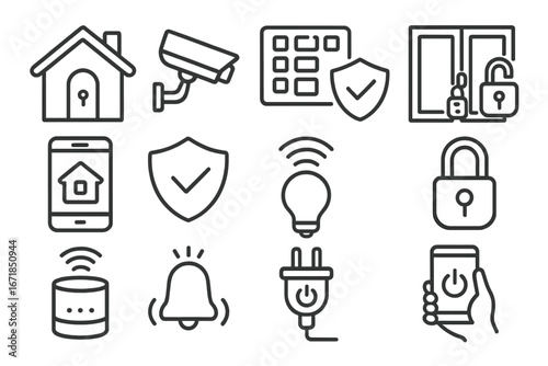 Smart home and security system outline icon set. Vector symbols for home automation, surveillance, and protection. Includes CCTV camera, alarm, lock, and remote control icons.