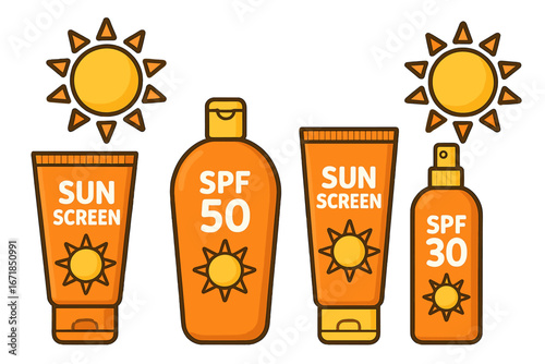 Sunscreen bottle, tube, spray set. Sun protection cosmetic product collection. Summer skincare, sunblock lotion with SPF. UV safety concept. Vector cartoon illustration icons.