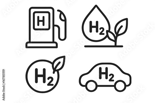 Hydrogen energy H2 icon set. Green fuel for the future concept. Sustainable, renewable power source symbols. Eco car and filling station pump. Vector line art illustration.