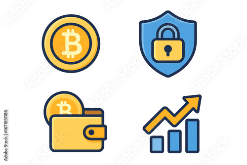 Cryptocurrency icon set with bitcoin coin, security shield, and finance investment growth chart. Digital asset wallet. Vector icons for blockchain technology and market.