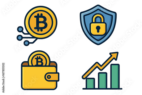 Cryptocurrency icon set. Bitcoin, blockchain technology. Finance investment, digital assets. Secure transaction, safety shield lock. Crypto wallet. Growth chart, profit graph.