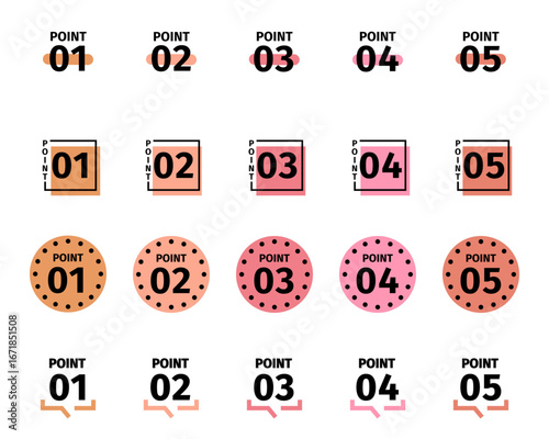 数字の箇条書き、ポイント、チェックのテンプレートセット、見出し、あしらい /エレガント、ベクターイラスト