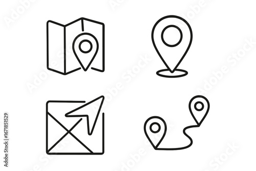 Map and GPS line icon set. Navigation, location, and tracking outline icons. Vector symbols for route, destination, direction, journey, and pointer. Thin line illustration.