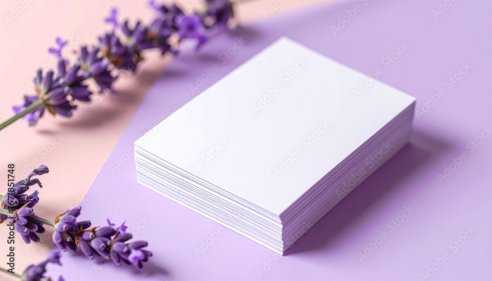 Fototapeta premium Pile of White Business Cards with Lavender Blooms on Purple and Pink Surface