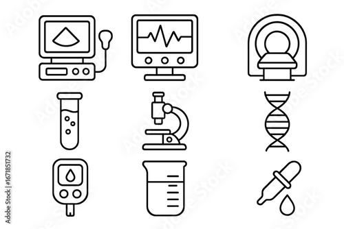 Medical technology line icon set. Healthcare, lab, and diagnostic equipment icons. Ultrasound, MRI, ECG, DNA, microscope. Vector for analysis, science, and research concepts.