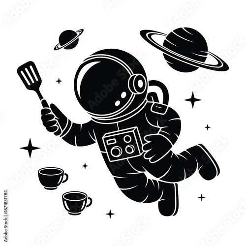 Astronaut floating in space holding a spatula and surrounded by planets and cups zero gravity