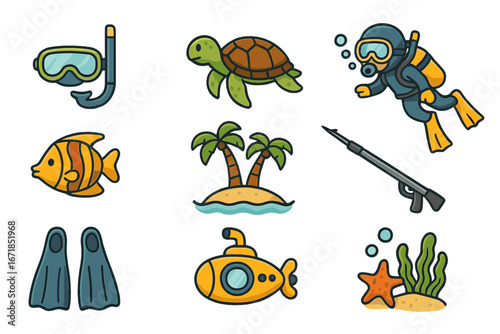 Underwater exploration and diving icon set. Cute cartoon symbols of ocean life, tropical beach vacation, scuba diver, turtle, fish, submarine, and snorkeling equipment vector.