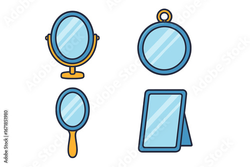 Mirror icon set vector cartoon collection. Handheld, table, and wall mirrors. Flat design cosmetic and makeup symbol for beauty, vanity, and personal care. Reflection glass.