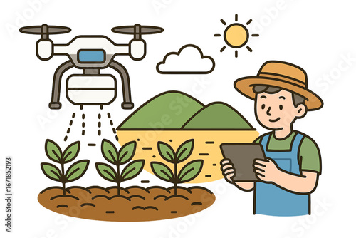Smart farming concept with a farmer using a tablet to control a drone for crop spraying. Agricultural technology and innovation. Modern agriculture vector cartoon illustration.