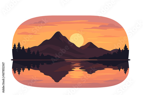 Mountain silhouette vector illustration at sunset. Beautiful nature landscape with sun, forest, and lake reflection. Outdoor scenery for travel and adventure concepts. Calm water.