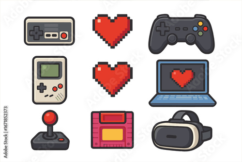 Gaming icon set with classic and modern video game equipment. Gamepad, joystick, VR glasses, console controller, laptop. Pixel art hearts. Vector cartoon retro collection.