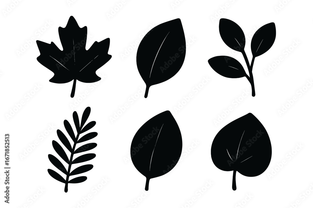 Fototapeta premium Set of black leaf silhouettes. Minimalist vector graphic icon collection. Botanical and nature-inspired design elements. Simple foliage, plant, maple, and fern shapes for eco logo.