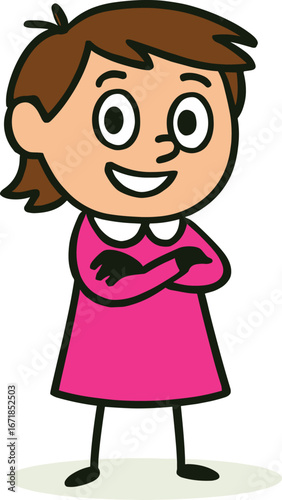 Cartoon illustration of a confident young girl smiling, arms crossed, wearing pink dress, happy child character isolated on white background.