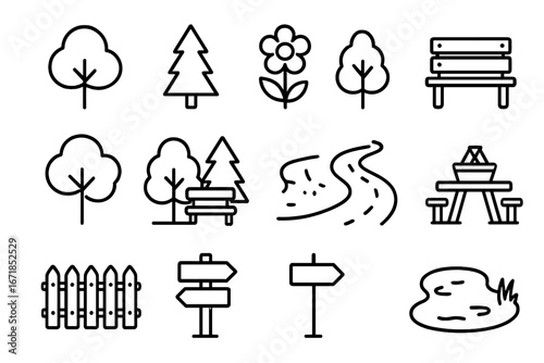 Nature park line icon set. Outdoor recreation and landscape elements. Tree, flower, bench, picnic table, path, pond, fence, signpost vector icons. Simple outline illustration.