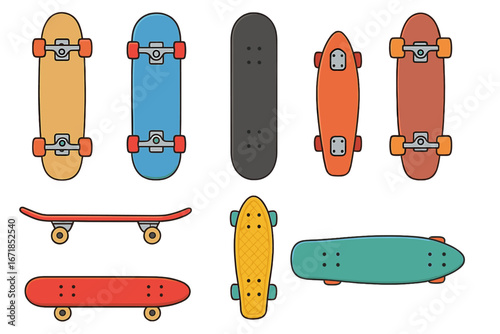 Skateboard collection vector illustration. Set of longboards, street boards, and cruiser models. Top and side view skate deck icons for urban sport and lifestyle design.