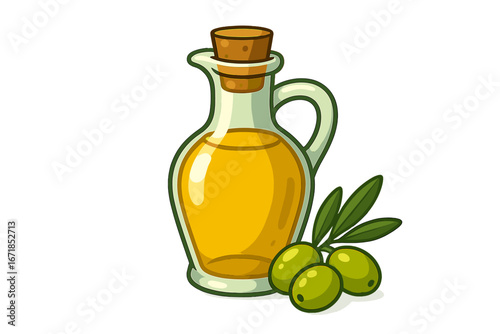 Glass bottle of virgin olive oil with green olives branch. Vector icon for healthy cooking, Mediterranean diet. Natural food ingredient illustration isolated on white background.