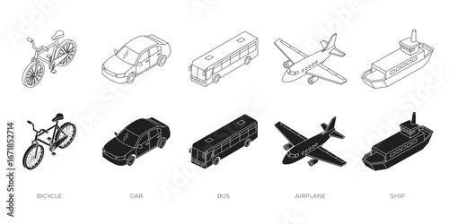 Transportation Vehicles Icon Set. Isometric Outline Vector Icons of Car, Bus, Bicycle, Airplane, and Ship