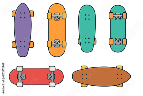Skateboard vector set. Longboard, cruiser and skate board colorful flat icon collection. Street sport equipment illustration. Urban youth culture graphic design element.