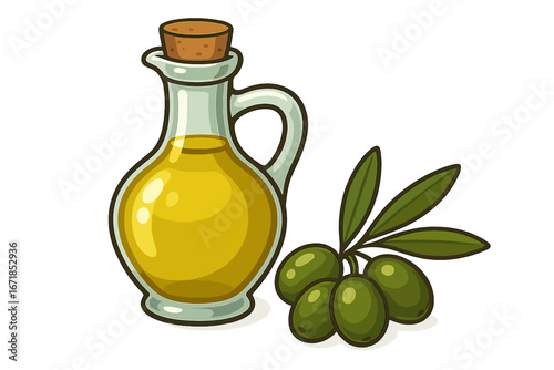 Olive oil in glass pitcher with fresh green olives branch. Vector cartoon for cooking ingredients, mediterranean diet, healthy food concept. Isolated illustration for culinary design.