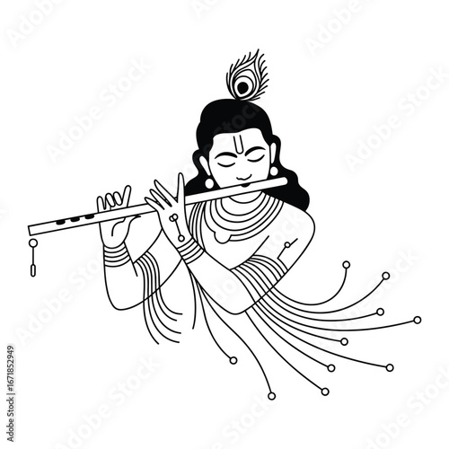 Lord Krishna playing flute with peacock feather in hair black and white hindu god indian god