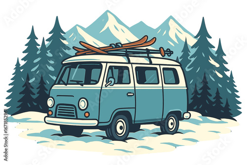 Vintage van with skis on roof in snowy mountains. Winter ski trip vacation concept. Retro camper on a road trip adventure in a forest landscape. Vector cartoon illustration.