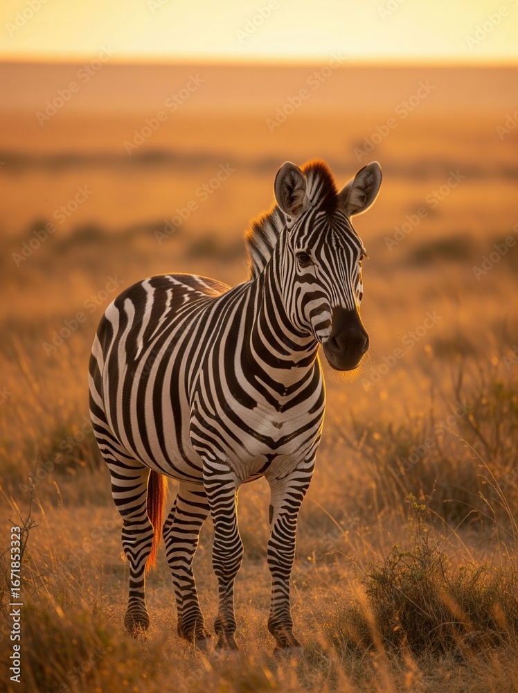 Obraz premium Zebra Standing in a Golden African Savanna at Sunset