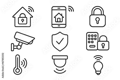 Smart home security line icon set. Remote control automation technology. Vector outline collection of sensor, lock, camera, thermostat icons. Internet of Things (IoT) graphic.