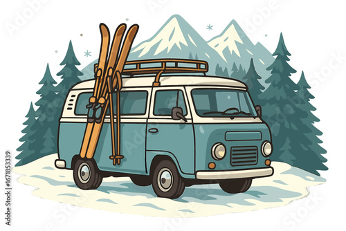 Vintage van with skis in winter mountain landscape. Retro camper car for ski road trip adventure. Winter sports holiday vacation travel concept. Cartoon vector illustration.