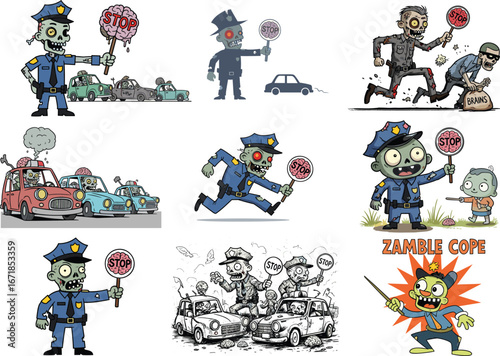 Zombie traffic police cartoon, funny undead cop, Halloween brain stop sign, cartoon zombie illustration, police directing cars, scary cop, horror street patrol art