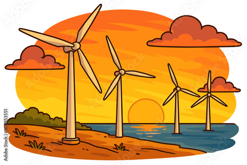 Wind turbines generating clean energy at sunset. Vector cartoon of windmills on the shoreline. Concept for renewable power, sustainability, ecology, and environmental technology.