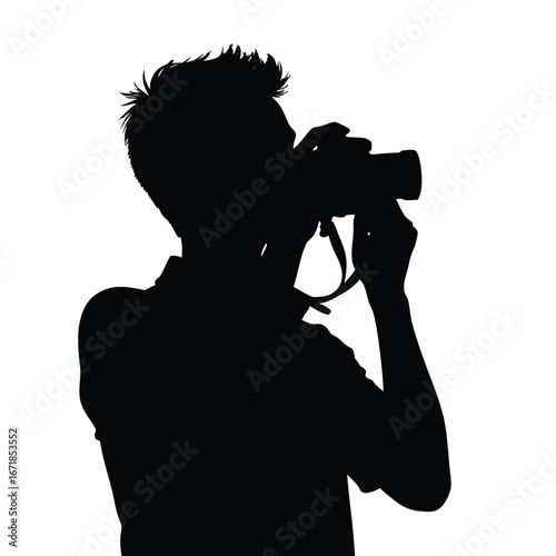 Black silhouette of a man taking a photo with a camera