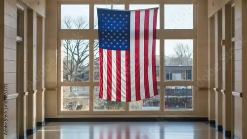 Bright corridor in a school building with an American flag hanging, showcasing a peaceful environment