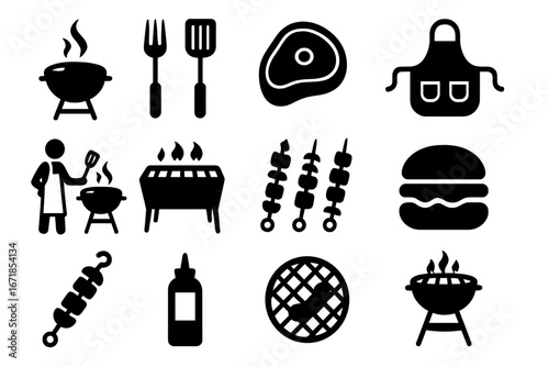 Barbecue and grilling silhouette icon set. Vector collection of food, cooking tools, and party elements like steak, burger, and skewers. Outdoor cooking and picnic concept.