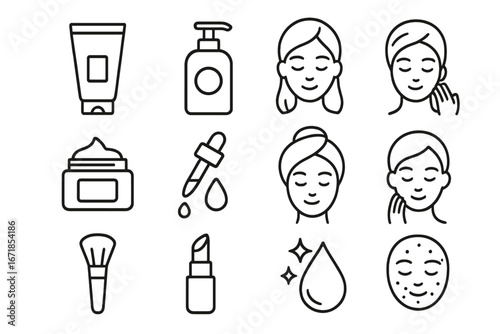 Beauty and skincare outline icon set. Cosmetic and personal care symbols. Vector collection for facial treatment, makeup, and beauty routine. Woman face, cream, serum, mask.