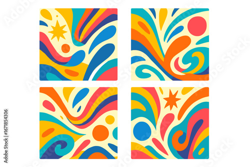 Set of four retro groovy backgrounds. Abstract psychedelic hippie style. 70s vibe vibrant color patterns. Liquid swirl shapes, stars. Vector illustration design elements.