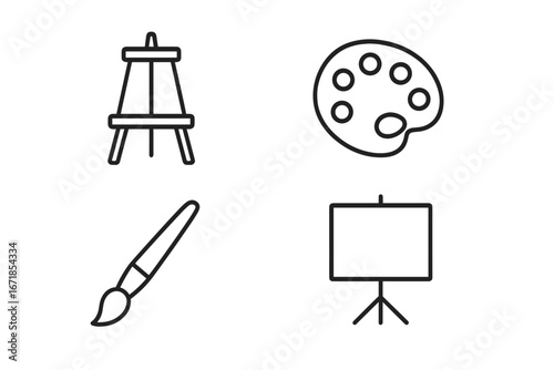Art supplies line icon set. Easel, paint palette, brush, and canvas vector icons. Artist tools for painting. Creativity and hobby concept. Minimalist outline symbols for art studio.