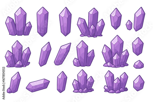 Vector set of purple crystals. Magic amethyst gemstones collection. Cartoon mineral rocks and shiny jewels. Isolated fantasy icons for game assets or spiritual esoteric design.