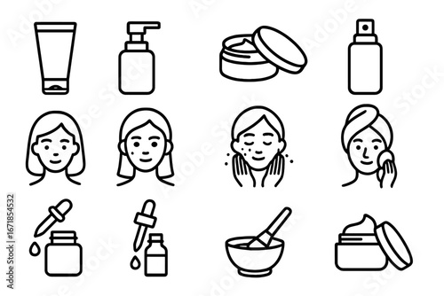 Beauty and skincare line icon set. Cosmetics, facial care, and dermatology pictogram collection. Woman face with acne, cream, lotion, serum, and dropper vector symbols.
